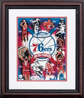 Philadelphia 76ers Multi Signed "1983 NBA Champions 15th Anniversary" Poster With 9 Signatures Including Erving & Malone In 19x22 Framed Display (Tristar)